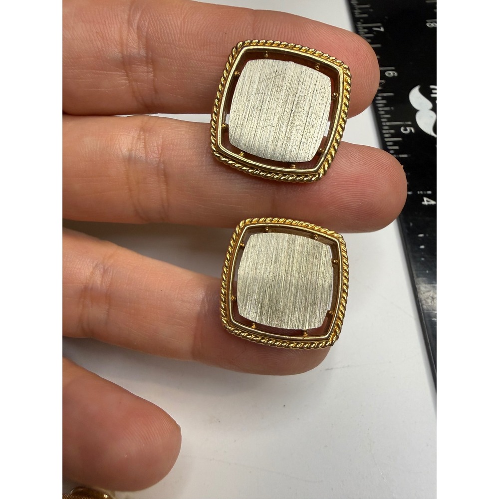 Vintage Gold Tone Cufflinks and Tie Tack Set Brushed Silver Square Rope Border